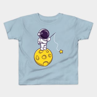 Astronaut Fishing Star On Moon Cartoon Kids T-Shirt